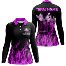 Load image into Gallery viewer, Purple flame Womens bowling polo shirt black Bowling Jerseys Personalized Bowling Team Shirts NQS6035