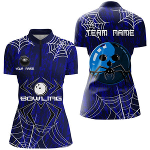 Blue Camo Bowling Polo, 1/4 Quarter zip shirts Custom Spider web Halloween Women Team Bowling jerseys NQS8158