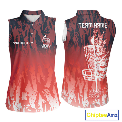 Disc golf basket red camo Women sleeveless polo shirt custom disc golf jerseys team shirts for ladies NQS10347