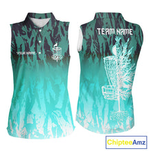 Load image into Gallery viewer, Disc golf basket Cyan Blue camo Women sleeveless polo shirt custom disc golf jersey ladies team shirt NQS10348