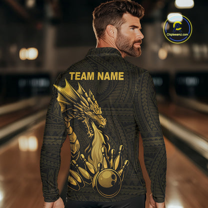 Custom Tribal pattern Gold Dragon Bowling Polo, Quarter Zip Shirt For Men, Bowling Team League Jersey NQS10349