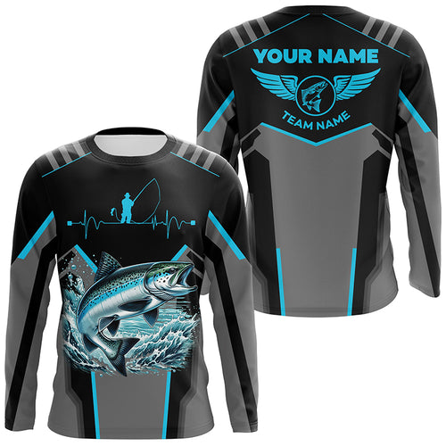 Personalized Black Chinook salmon Fishing jerseys, Team Fishing Long Sleeve tournament shirts| Blue NQS6271