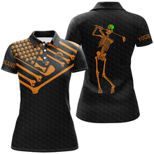 Load image into Gallery viewer, Women golf polo shirt Skeleton American flag custom black and orange Halloween shirts NQS8582