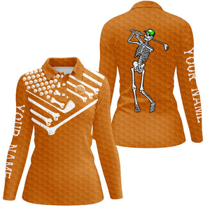 Women golf polo shirt Skeleton American flag custom white and orange Halloween shirts NQS8583