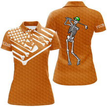 Load image into Gallery viewer, Women golf polo shirt Skeleton American flag custom white and orange Halloween shirts NQS8583