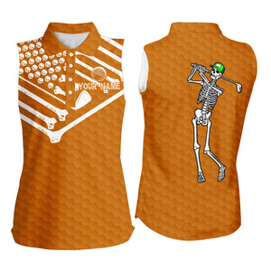 Women sleeveless golf polo shirt Skeleton American flag custom white and orange Halloween shirts NQS8583