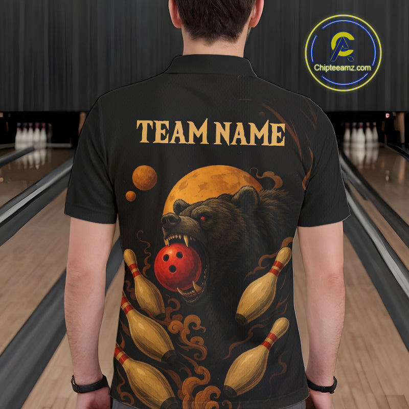 Custom Black Bear Bowling Men Polo, Quarter Zip Shirts Bear Bowling Team Jerseys NQS10781