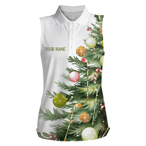 White Women sleeveless polo shirts custom Christmas tree golf shirt for ladies, Christmas golf gifts NQS9070