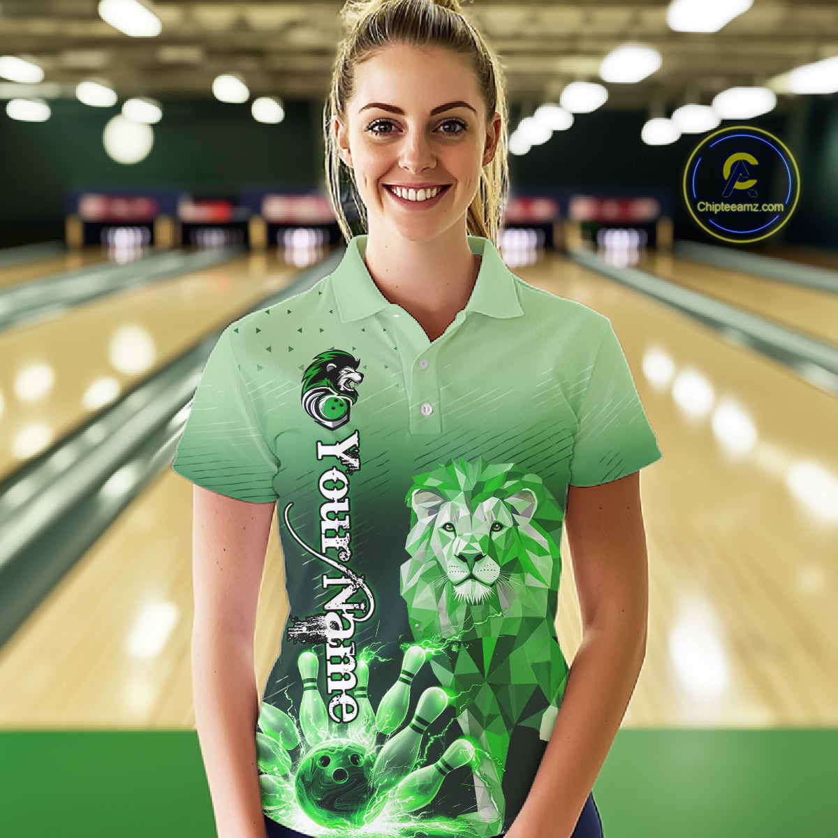 Green Lightning Lion Bowling Polo, Quarter Zip Shirts for Women Custom Lion Bowling Team jerseys NQS11568