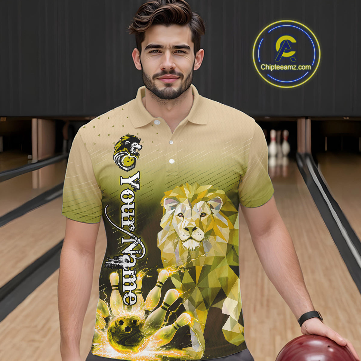Yellow Lightning Lion Bowling Polo, Quarter Zip Shirts for Men Custom Lion Bowling Team jerseys NQS11569