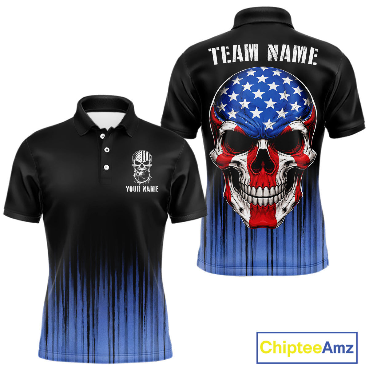 Black and Blue American Flag Skull Bowling Shirts for Men Custom Patriotic Bowling Team jerseys NQS11699
