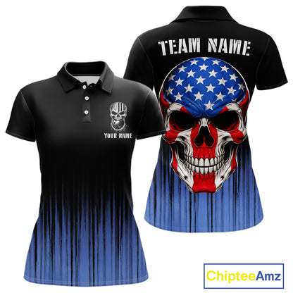 Black and Blue American Flag Skull Bowling Shirts for Women Custom Patriotic Bowling Team jerseys NQS11699