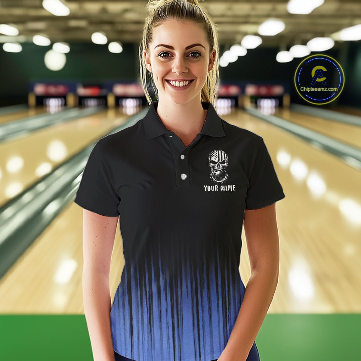Black and Blue American Flag Skull Bowling Shirts for Women Custom Patriotic Bowling Team jerseys NQS11699