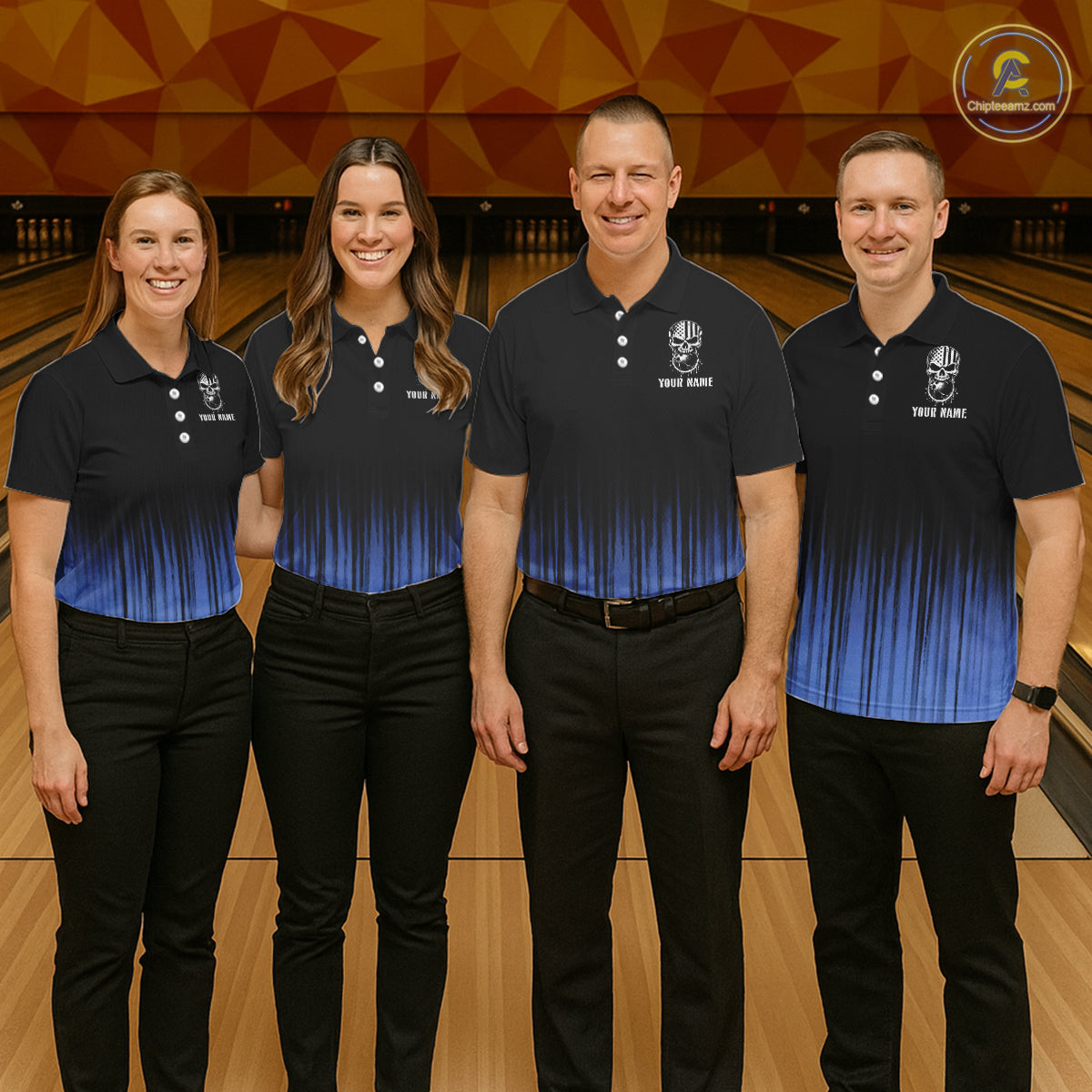 Black and Blue American Flag Skull Bowling Shirts for Women Custom Patriotic Bowling Team jerseys NQS11699