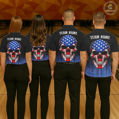 Black and Blue American Flag Skull Bowling Shirts for Women Custom Patriotic Bowling Team jerseys NQS11699