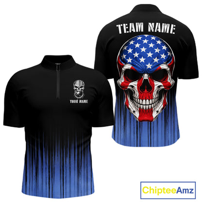 Black and Blue American Flag Skull Bowling Shirts for Men Custom Patriotic Bowling Team jerseys NQS11699