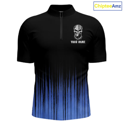 Black and Blue American Flag Skull Bowling Shirts for Men Custom Patriotic Bowling Team jerseys NQS11699