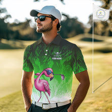 Load image into Gallery viewer, Funny Flamingo Green camo flame golf ball Mens Golf Polo Shirts Custom Flamingo Golf attire for men NQS9799