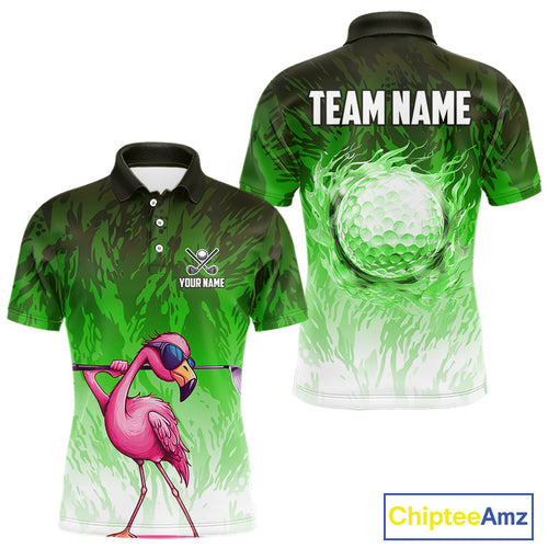 Funny Flamingo Green camo flame golf ball Mens Golf Polo Shirts Custom Flamingo Golf attire for men NQS9799