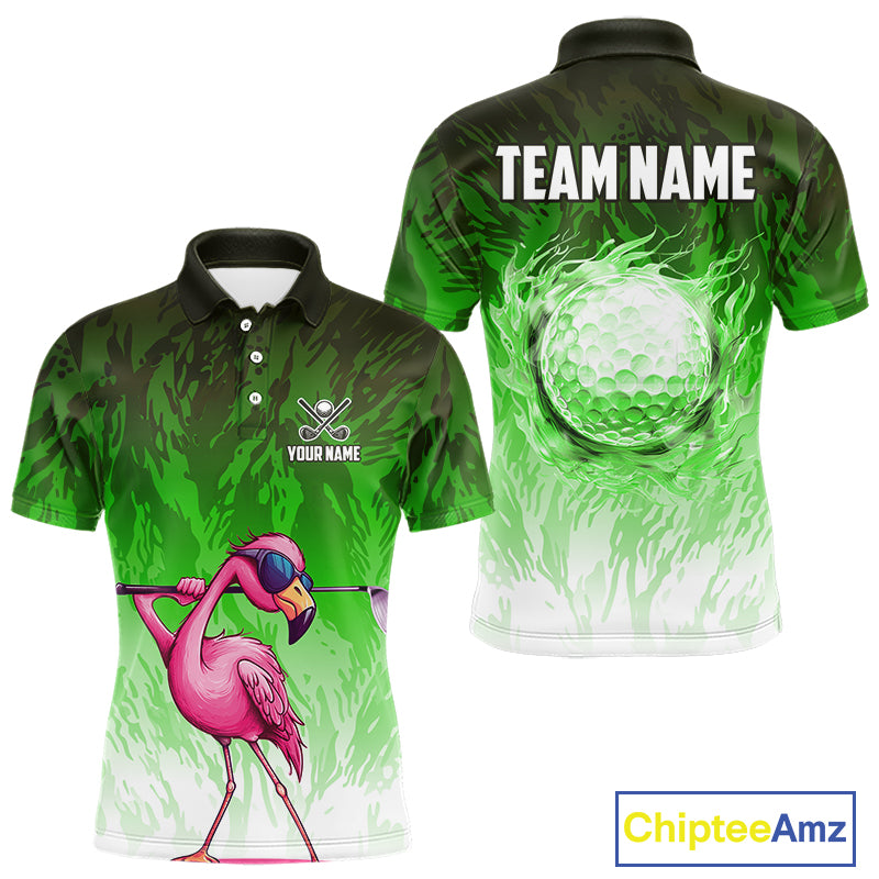 Funny Flamingo Green camo flame golf ball Mens Golf Polo Shirts Custom Flamingo Golf attire for men NQS9799