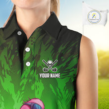 Load image into Gallery viewer, Funny Flamingo Green camo flame golf ball Women Golf Sleeveless Polo Shirt Custom Ladies Golf tops NQS9799