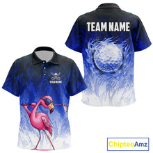 Load image into Gallery viewer, Funny Flamingo Blue camo flame golf ball Kid Golf Polo Shirt Custom Golf tops for kid NQS9800