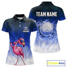 Load image into Gallery viewer, Funny Flamingo Blue camo flame golf ball Women Golf Polo Shirt Custom Flamingo Golf attire for ladies NQS9800