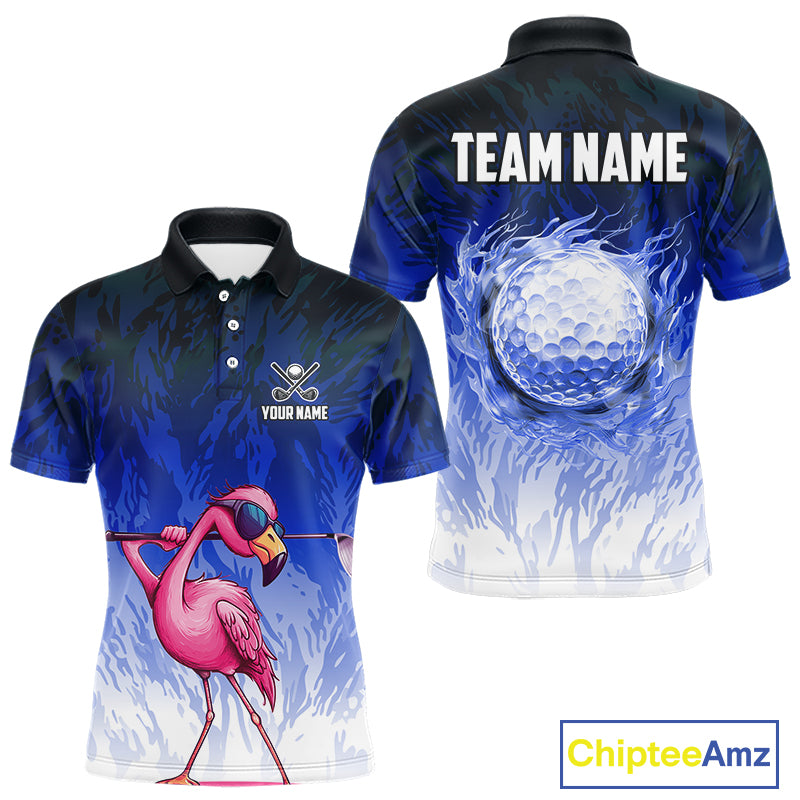 Funny Flamingo Blue camo flame golf ball Mens Golf Polo Shirts Custom Flamingo Golf attire for men NQS9800