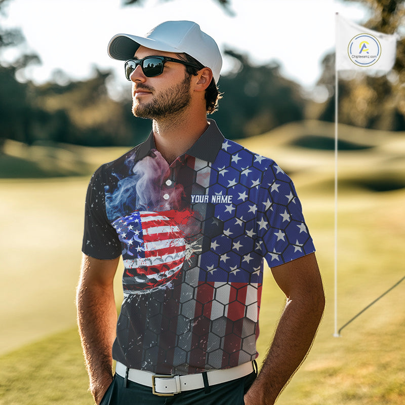 Smoke Golf ball American Flag pattern Mens Golf Polo Shirts Custom Patriotic Golf attire for men NQS9801