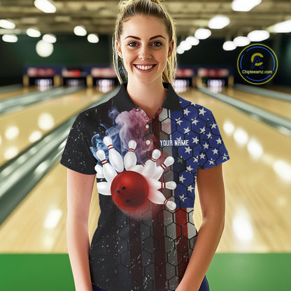 Smoke American Flag Vintage Women Bowling Polo, 1/4 Zip Shirts Custom Patriotic Bowling Team jerseys NQS9802
