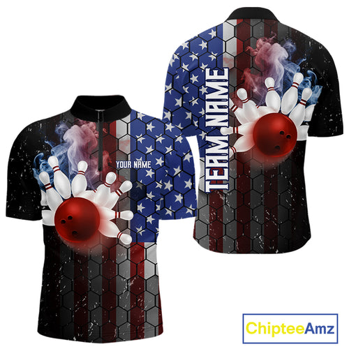Smoke American Flag Vintage Bowling Polo, 1/4 Zip Shirts For Men Custom Patriotic Bowling Team jerseys NQS9802