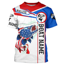 Load image into Gallery viewer, Angry Walleye American flag patriotic fishing Custom name and boat name tournament fishing shirts NQS5603