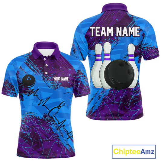 Blue and Purple Grunge Camo Heartbeat Bowling Polo, 1/4 Zip Shirt For Men Custom Bowling Team Jersey NQS10040