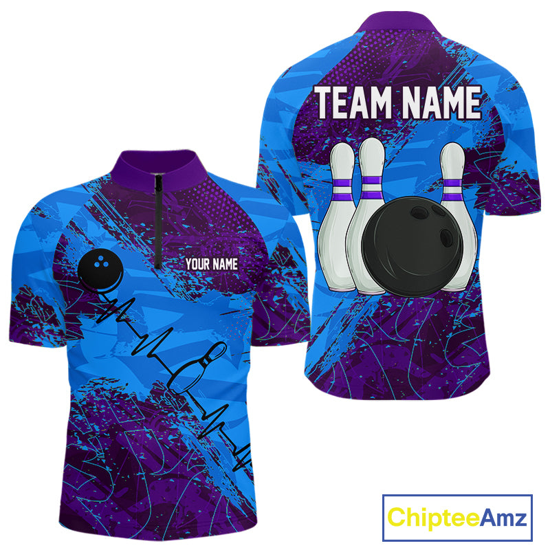 Blue and Purple Grunge Camo Heartbeat Bowling Polo, 1/4 Zip Shirt For Men Custom Bowling Team Jersey NQS10040