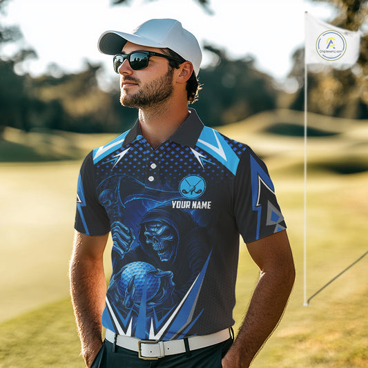 Mens golf polo shirts custom Blue Lightning reaper skull Golf team golf jersey, mens golf attire NQS10206