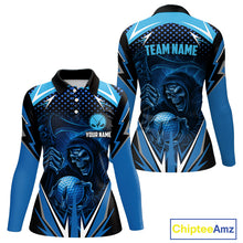 Load image into Gallery viewer, Women golf polo shirts custom Blue Lightning reaper skull Golf team golf jersey, ladies golf attire NQS10206