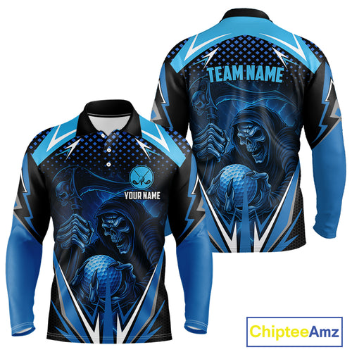 Mens golf polo shirts custom Blue Lightning reaper skull Golf team golf jersey, mens golf attire NQS10206