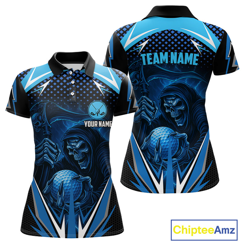 Women golf polo shirts custom Blue Lightning reaper skull Golf team golf jersey, ladies golf attire NQS10206