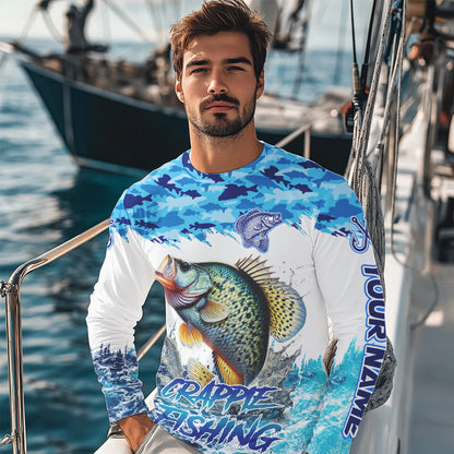 Crappie fishing Blue ocean camo Custom UV protection fishing long sleeve shirt, Crappie Fishing jersey NQS8172