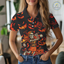 Load image into Gallery viewer, Orange and Black Halloween Pattern Funny Skull Golf polo shirt for Women Custom Halloween golf top NQS10352