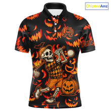 Load image into Gallery viewer, Orange and Black Halloween Pattern Funny Skull Golf polo shirt for men Custom Halloween Mens golf top NQS10352