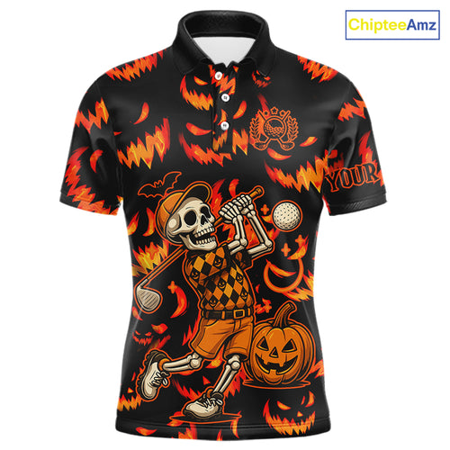 Orange and Black Halloween Pattern Funny Skull Golf polo shirt for men Custom Halloween Mens golf top NQS10352