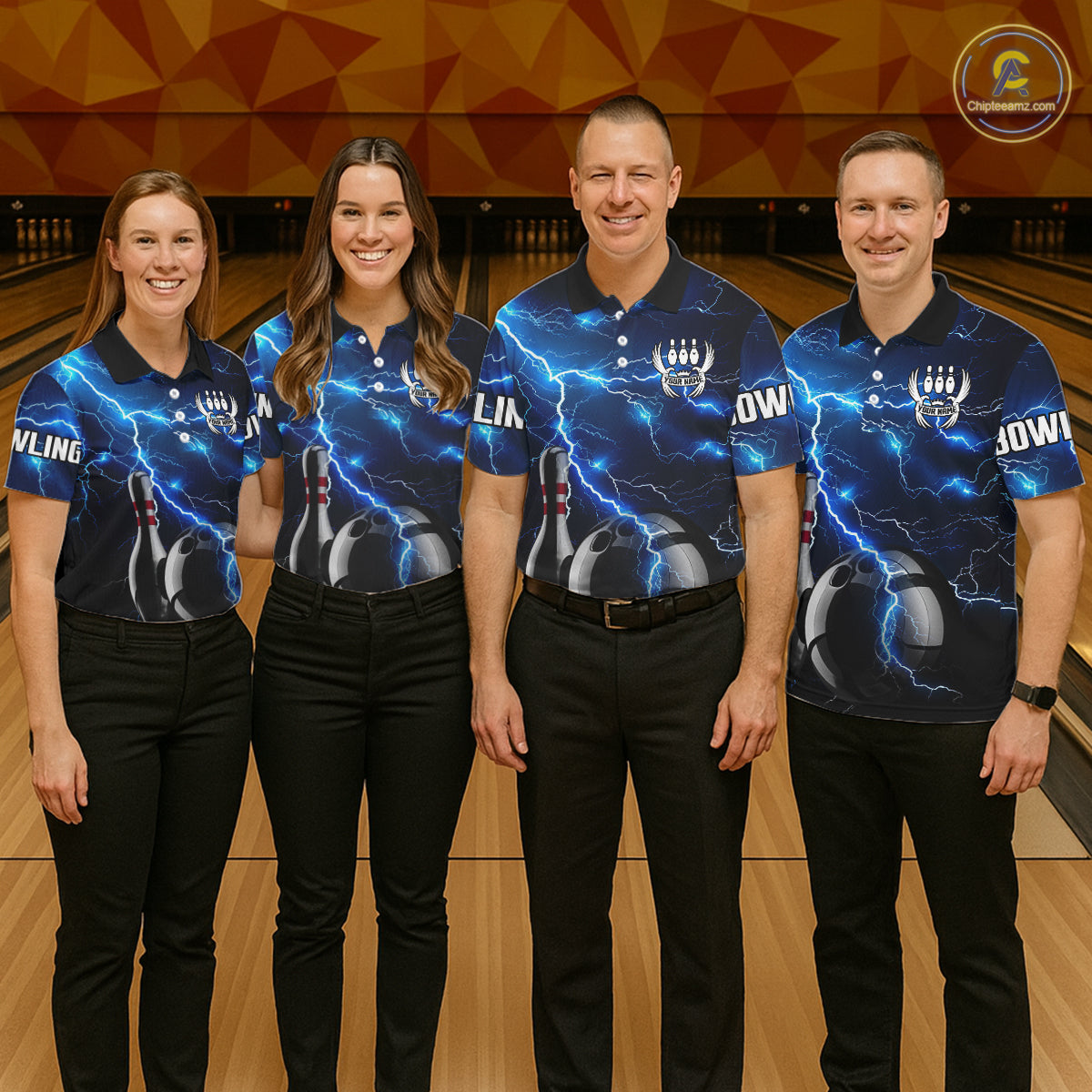 Blue Lightning Thunder Black Women Bowling Polo, Quarter zip Shirt custom storm bowling team jerseys NQS8386