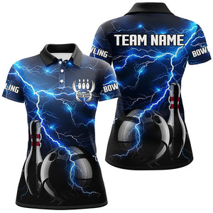 Blue Lightning Thunder Black Women Bowling Polo, Quarter zip Shirt custom storm bowling team jerseys NQS8386