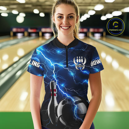 Blue Lightning Thunder Black Women Bowling Polo, Quarter zip Shirt custom storm bowling team jerseys NQS8386