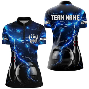 Blue Lightning Thunder Black Women Bowling Polo, Quarter zip Shirt custom storm bowling team jerseys NQS8386