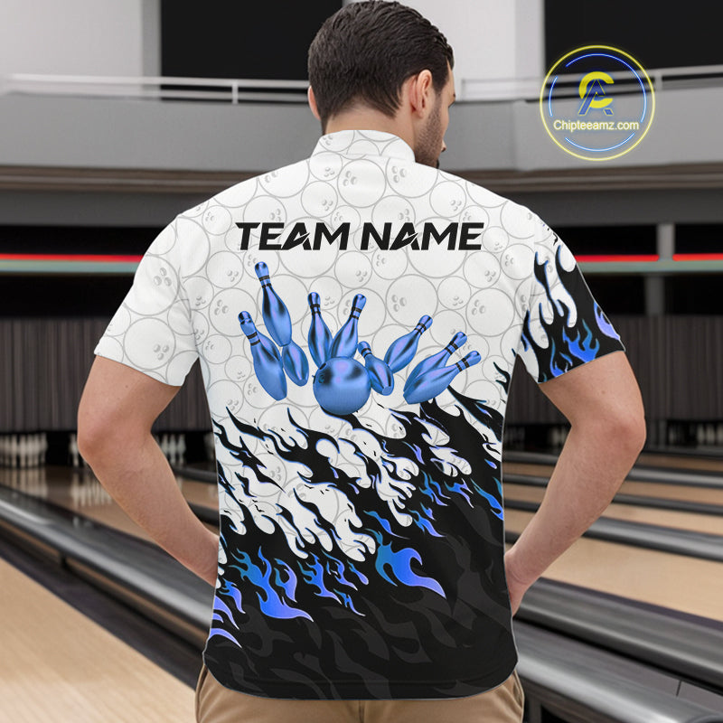 Black and White Camo Bowling Shirts For Men Custom Bowling Team League Jerseys | Blue NQS10561