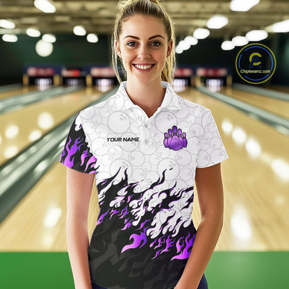 Black and White Camo Bowling Shirts For Women Custom Bowling Team League Jerseys | Purple NQS10562