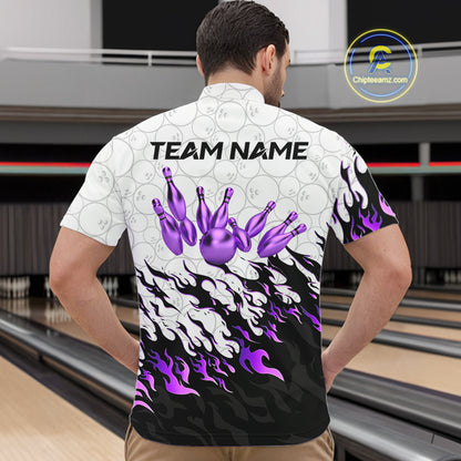 Black and White Camo Bowling Shirts For Men Custom Bowling Team League Jerseys | Purple NQS10562