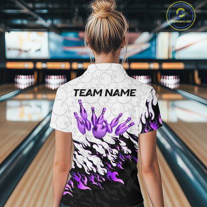 Black and White Camo Bowling Shirts For Women Custom Bowling Team League Jerseys | Purple NQS10562